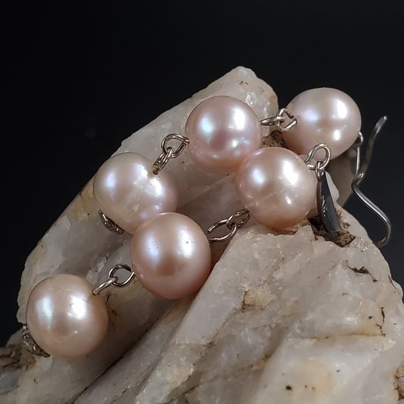Natural Freshwater Rose Pearls Hypoallergenic Surgical Hooks Long Earrings - Picture 1 of 13